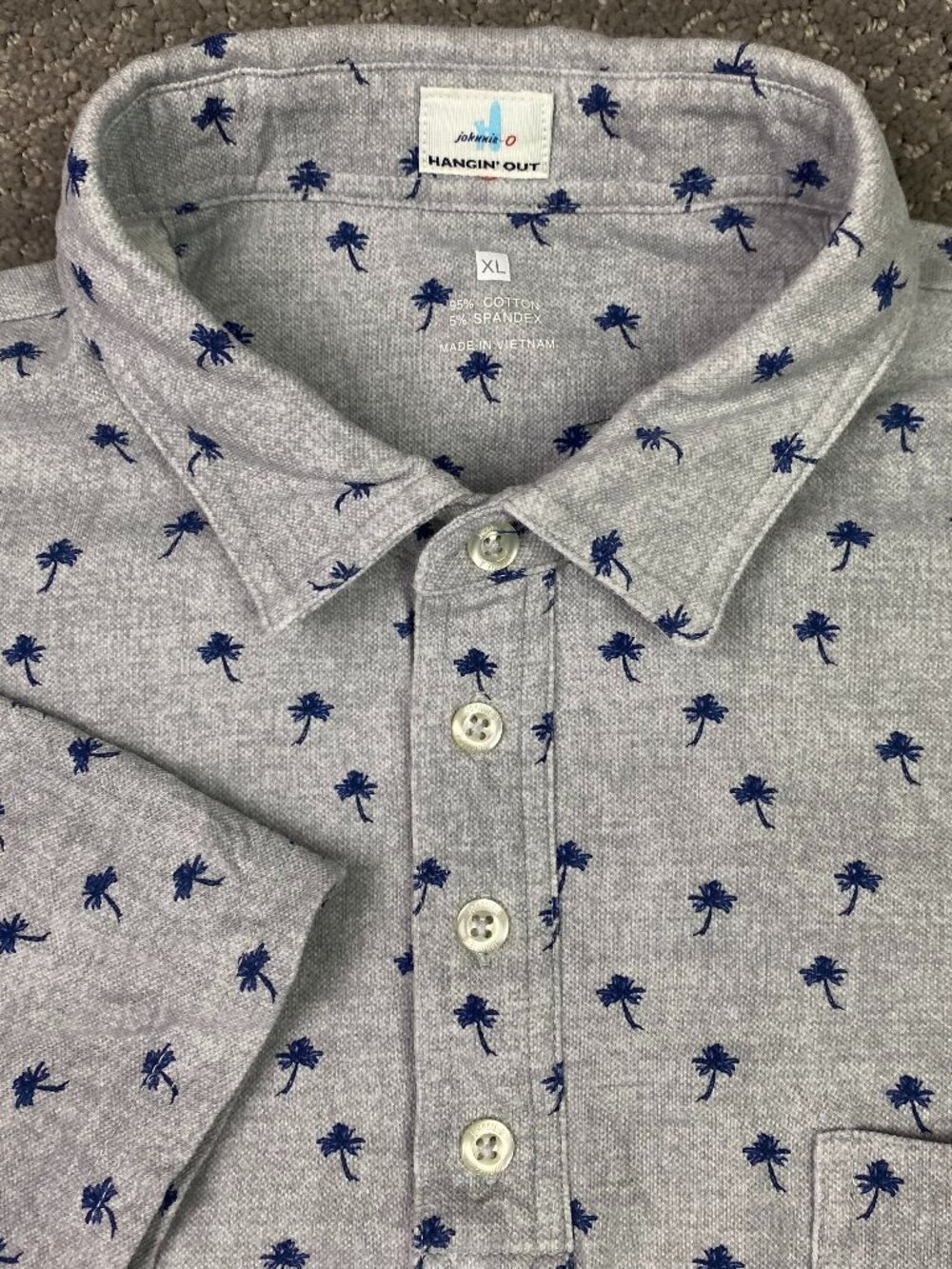 johnnie-O Polo Shirt Mem's XL Gray Palm Tree All Over Print Currituck Pique Mesh